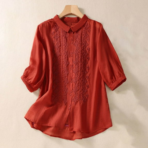 Pimelu Summer Tops for Women 2024 Trendy Casual Tops for Women Summer Soft Cotton Linen Button Down Plus Size Shirts Ladies Solid 3/4 Sleeve Lapel Blouses with Pocket Womens Blouses