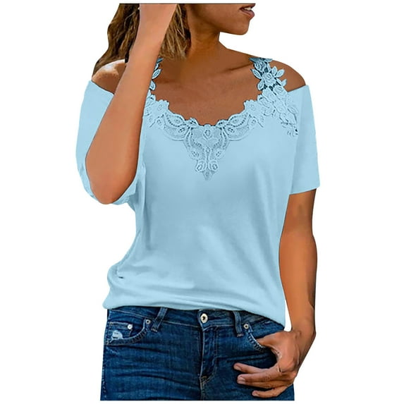 Pimelu Summer Tops for Women Tops for Women Cold Shoulder Tops for Women Elegant Lace Trim V Neck Short Sleeve Summer Shirts Ladies Girls Solid Plus Size Tunic Blouses