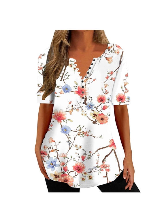 Summer Tops for Women Tops for Women Womens Tunic Tops Fashion Floral Print Button up Henley Shirts Summer V Neck Short Sleeve Lightweight Hem Blouses