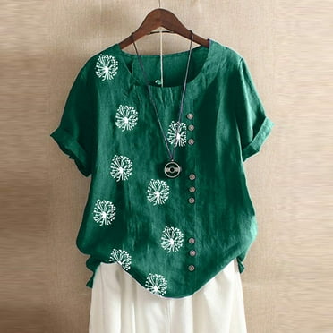 Pimelu Summer Tops for Women Trendy Linen Cotton Comfy Short Sleeve Dressy Shirts Blouses Round Neck Women's Tops Summer 2024 Floral Print Casual Tshirts Tunic Plus