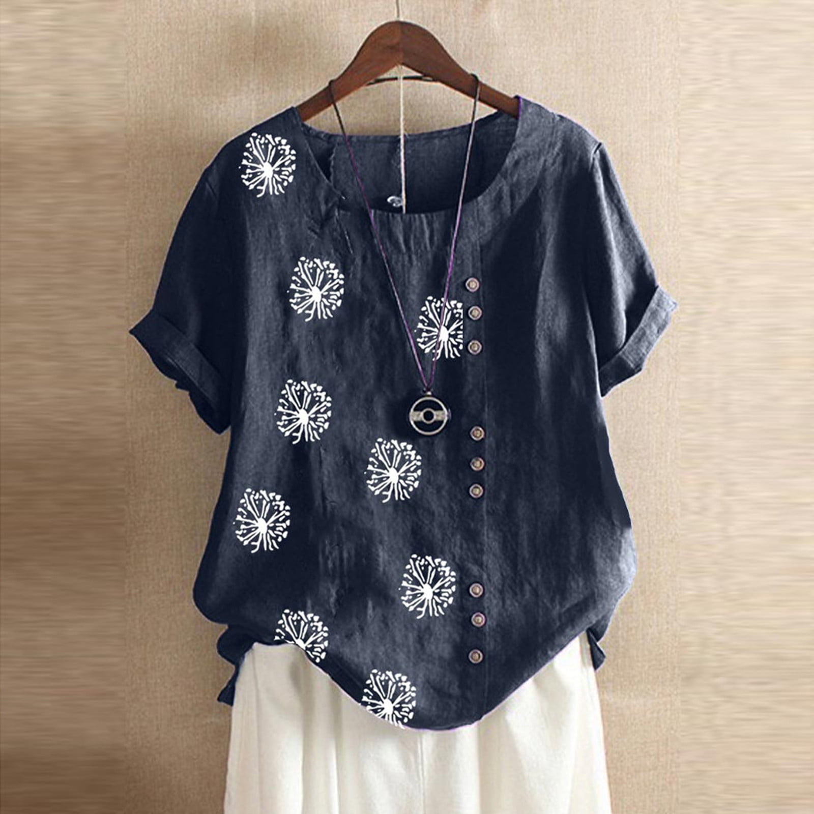 Pimelu Summer Tops for Women Trendy Linen Cotton Comfy Short Sleeve ...