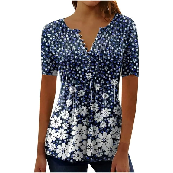 Pimelu T Shirts for Women Tops for Women Summer Tops for Women Vintage Floral Button up V Neck Tunic Shirts Ladies Girls Lightweight Short Sleeve Pleated Blouses