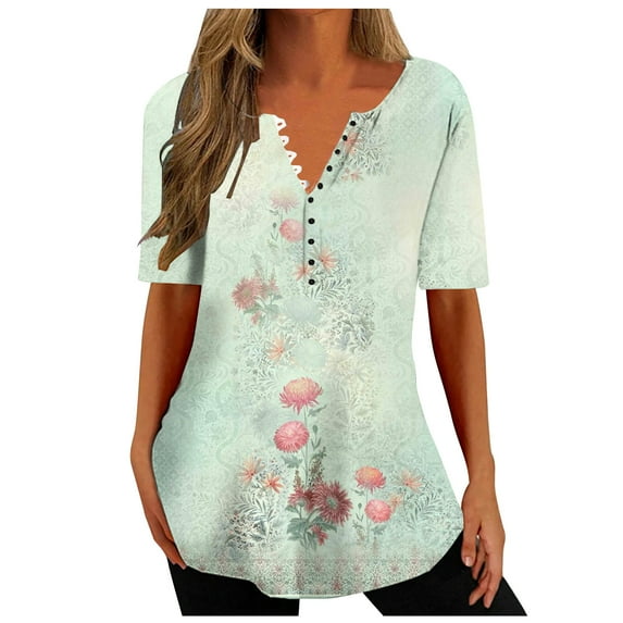 Pimelu T Shirts for Women Tunic Tops for Women Plus Size Tops for Women Vintage Floral Print Button up Hem Shirts Summer V Neck Short Sleeve Lightweight Ladies Blouses
