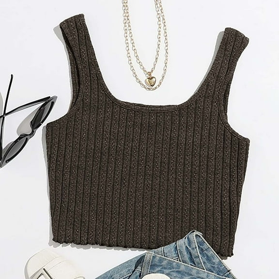 Pimelu Tank Top for Women Crop Tops for Women Summer Sleeveless Soft Stretchy Knitted Ribbed Tank Tops Ladies Casual Solid Slim Fit U Neck Vest Shirts Summer Tops