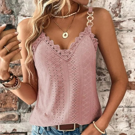 Pimelu Tank Top for Women Going out Tops for Women Sexy Lace Trim V Neck Metal Strap Tunic Shirts Summer Lightweight Solid Sleeveless Camisole Tops Cute Tops for Women