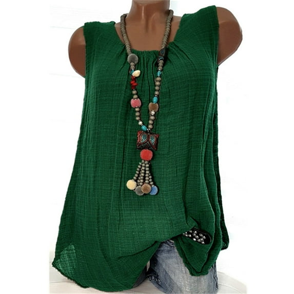 Pimelu Tank Top for Women Plus Size Tops for Women Summer Soft Cotton Linen Sleeveless Tshirts Ladies Casual Solid Crewneck Loose Baggy Pleated Blouses Tank Tops Women