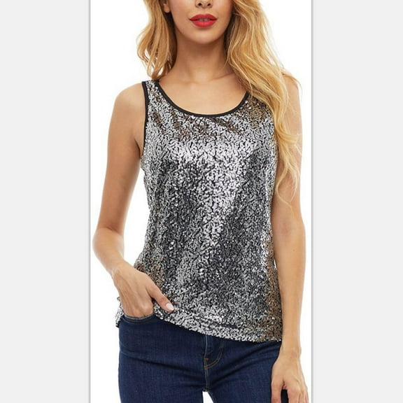 Pimelu Tank Top for Women Womens Going out Tops Fashion Sparkly Sequin Party Club Tank Shirts Summer Round Neck Solid Sleeveless Blouses Tank Top for Women