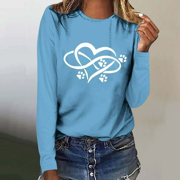 Pimelu Valentine Shirts for Women Womens Long Sleeve Tshirts Valentines Day Fashion Dog Paws Heart Print Pullover Sweatshirts Ladies Lightweight Spring Crewneck Blouses Tops
