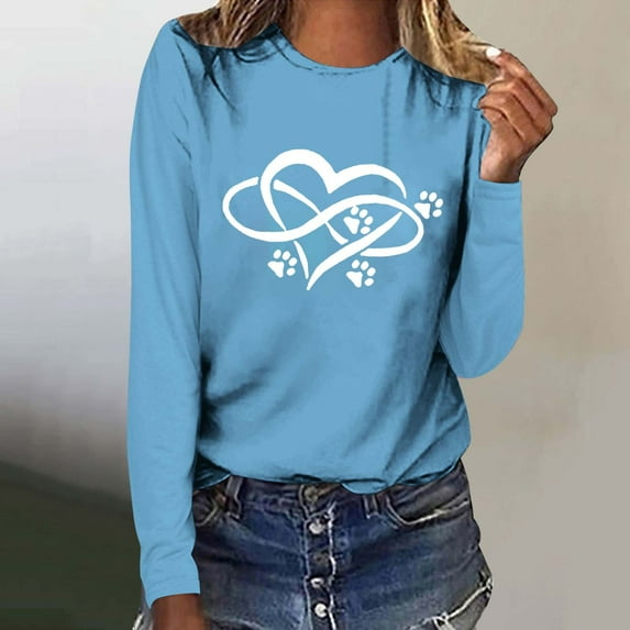 Pimelu Valentine Shirts for Women Womens Long Sleeve Tshirts Valentines Day Fashion Dog Paws Heart Print Pullover Sweatshirts Ladies Lightweight Spring Crewneck Blouses Tops