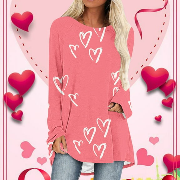 Pimelu Valentine Shirts for Women Womens Valentines Heart Tops Spring Ladies Long Sleeve Round Neck Pullover Blouses Trendy Heart Print Girls Valentine Day Sweater