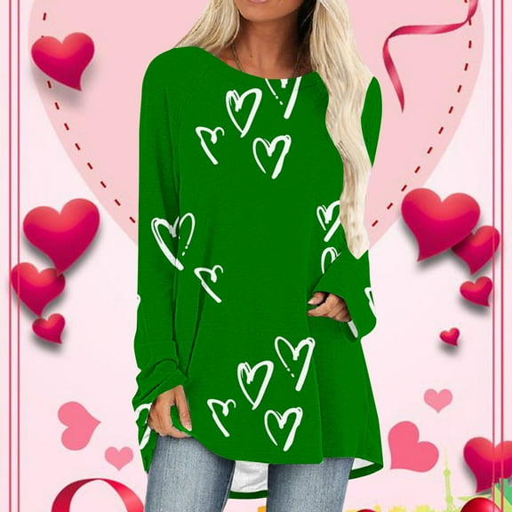 Pimelu Valentine Shirts for Women Womens Valentines Heart Tops Spring Ladies Long Sleeve Round Neck Pullover Blouses Trendy Heart Print Girls Valentine Day Sweater