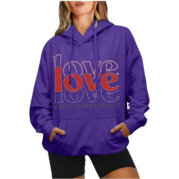 Pimelu Valentine Sweater for Women Womens Valentines Day Hooded Sweatshirts Oversized Pocket Drawstring Pullover Hoodies Tops Trendy Love Letter Print Sweatshirts