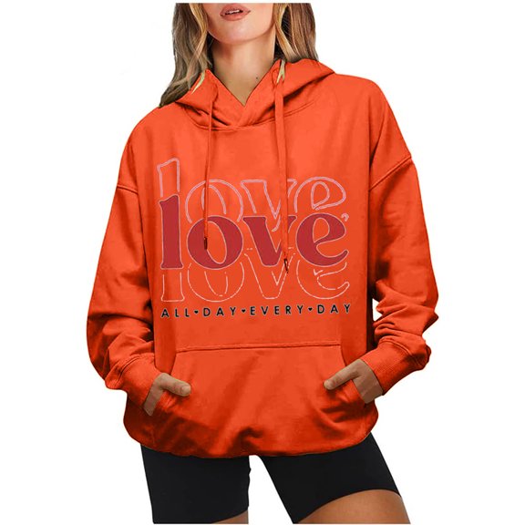 Pimelu Valentine Sweater for Women Womens Valentines Day Hooded Sweatshirts Oversized Pocket Drawstring Pullover Hoodies Tops Trendy Love Letter Print Sweatshirts