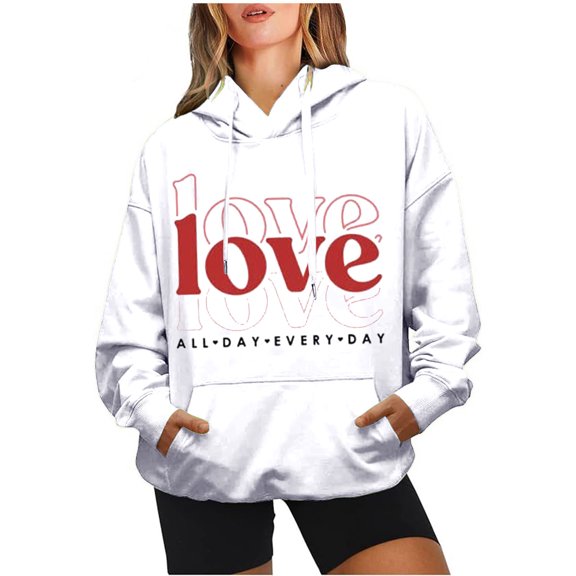 Pimelu Valentine Sweater for Women Womens Valentines Day Hooded Sweatshirts Oversized Pocket Drawstring Pullover Hoodies Tops Trendy Love Letter Print Sweatshirts