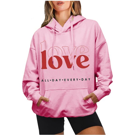 Pimelu Valentine Sweater for Women Womens Valentines Day Hooded Sweatshirts Oversized Pocket Drawstring Pullover Hoodies Tops Trendy Love Letter Print Sweatshirts
