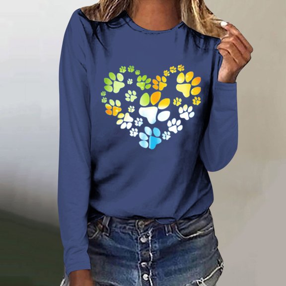 Pimelu Valentines Day Shirts Women Spring Tops for Women Casual Long Sleeve Round Neck Ladies Pullover Blouses Valentines Fashion Dog Paws Heart Graphics Print Shirts