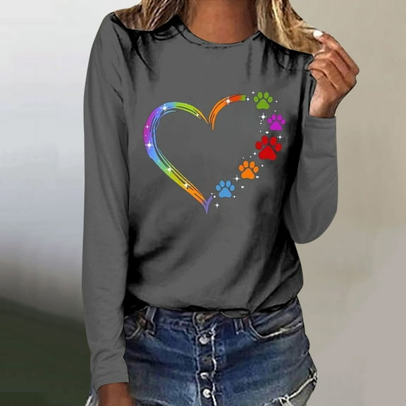 Pimelu Valentines Day Shirts Women Spring Tops for Women Loose Long Sleeve Round Neck Casual Pullover Blouses Valentines Trendy Dog Paws Heart Print Tshirts