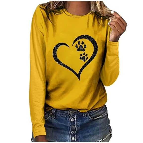 Pimelu Valentines Day Shirts for Women,Women's Tees Shirts,Cute Sport Vintage Oversized Sweatshirt for Women Plus Size Round Neck Long-Sleeve Pullover Women Tees Heart Paws Print Lightweight Pullover