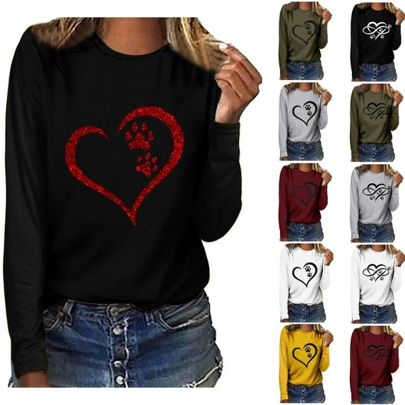 Pimelu Valentines Day Shirts for Women,Women's Tees Shirts,Cute Sport Vintage Oversized Sweatshirt for Women Plus Size Round Neck Long-Sleeve Pullover Women Tees Heart Paws Print Lightweight Pullover