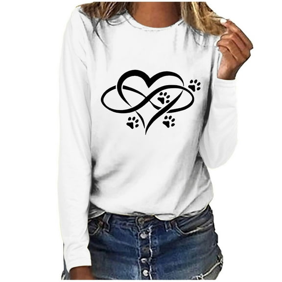 Pimelu Valentines Day Shirts for Women,Women's Tees Shirts,Cute Sport Vintage Oversized Sweatshirt for Women Plus Size Round Neck Long-Sleeve Pullover Women Tees Heart Paws Print Lightweight Pullover