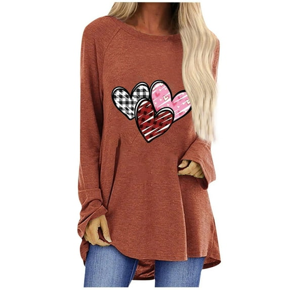 "Pimelu Valentines Day Shirts for Women,Womens Heart Sweater,Womens Valentines Sweater Fashion Heart Print Pullover Tunic Blouses Spring Ladies Girls Long Sleeve Crewneck Hem Tee Tops"