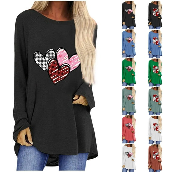 "Pimelu Valentines Day Shirts for Women,Womens Heart Sweater,Womens Valentines Sweater Fashion Heart Print Pullover Tunic Blouses Spring Ladies Girls Long Sleeve Crewneck Hem Tee Tops"