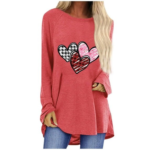 "Pimelu Valentines Day Shirts for Women,Womens Heart Sweater,Womens Valentines Sweater Fashion Heart Print Pullover Tunic Blouses Spring Ladies Girls Long Sleeve Crewneck Hem Tee Tops"