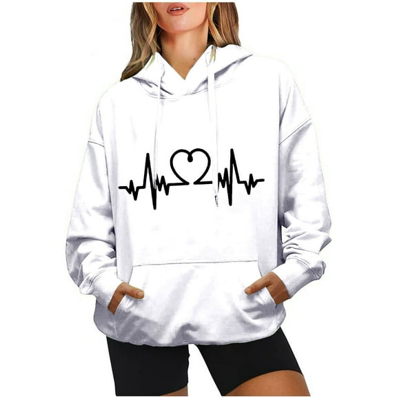 Pimelu Valentines Day Sweater Women Valentines Hooded Sweater for Women Fashion ECG Graphics Print Oversized Sweatshirts Ladies Long Sleeve Pullover Hoodies Tops with Pocket