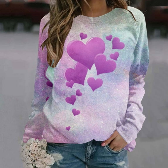 Pimelu Valentines Day Sweater Women Valentines Shirts for Women Plus Size Fashion Heart Print Gradient Crewneck Sweatshirt Ladies Spring Raglan Long Sleeve Comfy Pullover Tops