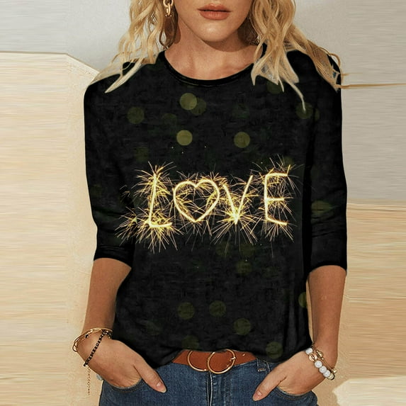 Pimelu Valentines Shirts for Women Womens Top and Blouses Dressy Casual Valentines Day Fashion Love Letter Print Pullover Spring Girls Round Neck 3/4 Sleeve Tshirts