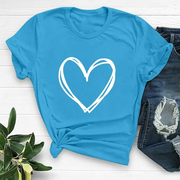 Pimelu Valentines Shirts for Women Womens Tops Dressy Casual Heart Shirts for Women Valentines Day Fashion Heart Print Loose Tees Ladies Breathable Crewneck Short Sleeve Summer Blouses