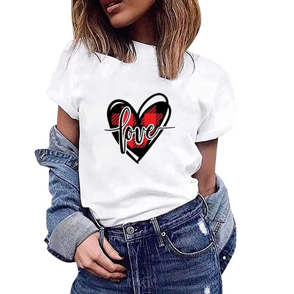 Pimelu Valentines Shirts for Women Womens Tops Dressy Casual Shirts for Women Valentines Day Fashion Plaid Heart Print Basic Fit Tees Ladies Summer Crewneck Short Sleeve Blouses