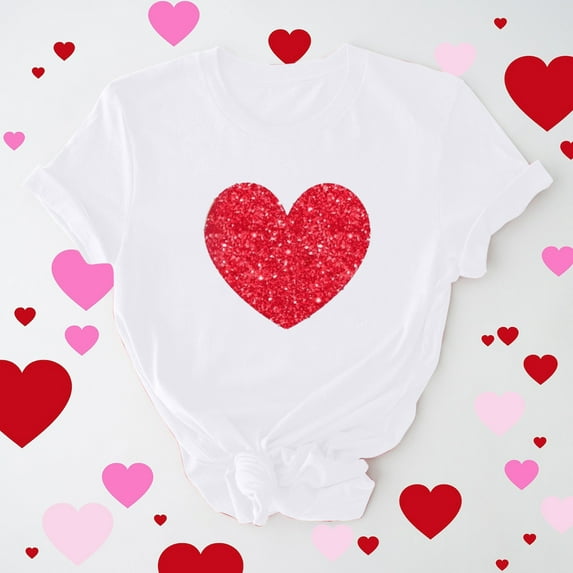 Pimelu Valentines Shirts for Women Womens Tops Dressy Casual Summer Tops for Women Valentines Day Shirts Fashion Heart Print Tshirts Ladies Plus Size Short Sleeve Round Neck Blouses