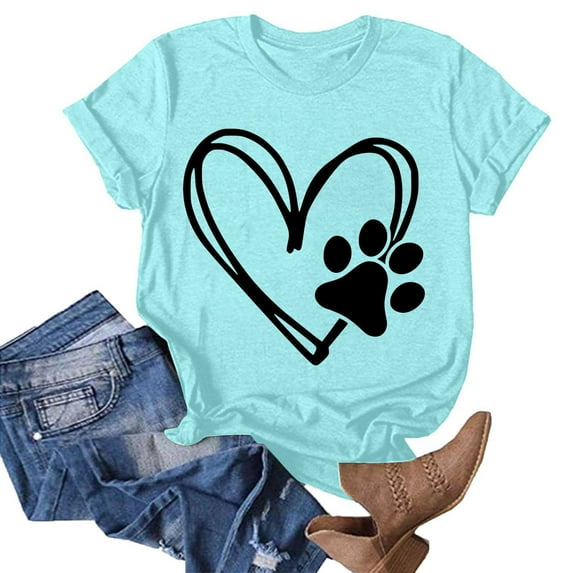 Pimelu Valentines Shirts for Women Womens Tops Dressy Casual Valentines Day Shirt Women Fashion Dog Paws Heart Print Loose Fit Tees Summer Round Neck Short Sleeve Breathable Blouses