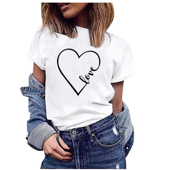 Pimelu Valentines Shirts for Women Womens Tops Dressy Casual Valentines Day Shirt Womens Classic Love Heart Print Loose Tees Summer Loose Round Neck Short Sleeve Pullover Blouses