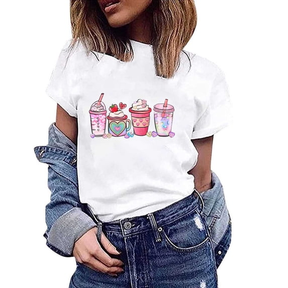 Pimelu Valentines Shirts for Women Womens Tops Dressy Casual Valentines Day Shirts Womens Summer Casual Round Neck Short Sleeve Tshirt Fashion Cups Print Ladies Comfy Blouses Tops