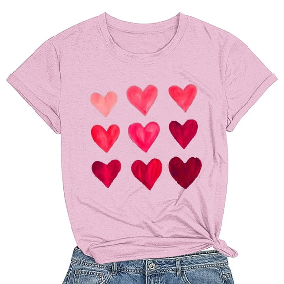 Pimelu Valentines Shirts for Women Womens Tops Valentine Shirts for Women Summer Plus Size Short Sleeve Basic Fit Tee Tops Ladies Fashion Heart Print Round Neck Blouses