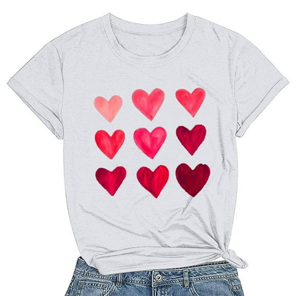 Pimelu Valentines Shirts for Women Womens Tops Valentine Shirts for Women Summer Plus Size Short Sleeve Basic Fit Tee Tops Ladies Fashion Heart Print Round Neck Blouses