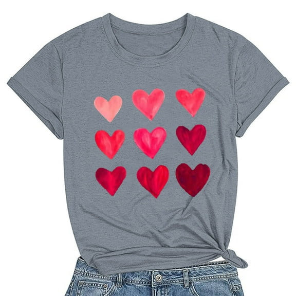 Pimelu Valentines Shirts for Women Womens Tops Valentine Shirts for Women Summer Plus Size Short Sleeve Basic Fit Tee Tops Ladies Fashion Heart Print Round Neck Blouses