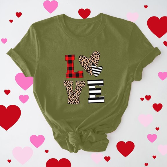 Pimelu Valentines Shirts for Women Womens Tops Womens Valentines Day Shirts Vintage Leopard Love Print Ladies Tee Tops Summer Plus Size Crewneck Short Sleeve Pullover Blouses