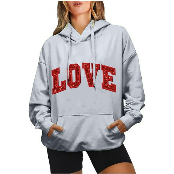 Pimelu Valentines Sweater Women Valentines Day Hoodies for Women Fashion Love Letter Print Drawstring Hooded Sweatshirt Long Sleeve Oversized Pocket Pullover Hoodies Tops