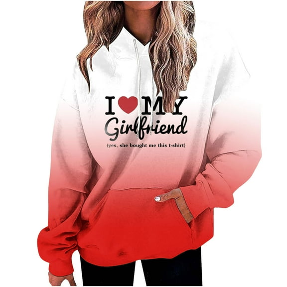 Pimelu Valentines Sweater Women Womens Valentines Day Hoodies Fashion Letter Print Graphics Drawstring Hooded Sweatshirt Ladies Plus Size Pocket Pullover Hoodies Tops