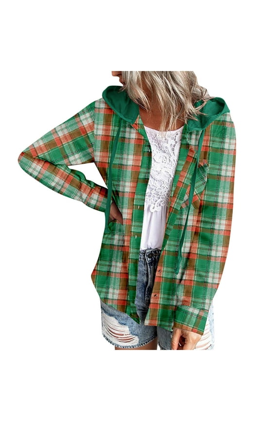 Women's Spring Cardigan Hooded Winter Drawstring Plaid Long Sleeve Open Front Kimono Cardigans for Women Dressy Casual Blouse Tops Plaid Jacket Shirt Coats
