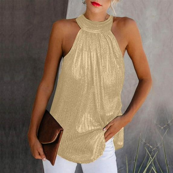 Pimelu Womens Blouses and Tops Dressy Womens Halter Tank Tops Sleeveless Mock Neck Metallic Shiny Tops Blouse Summer Sequined Shirts Ladies Girls Going Out Tops