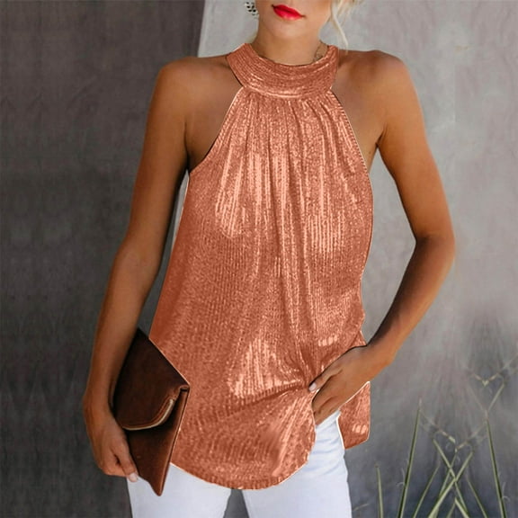 Pimelu Womens Blouses and Tops Dressy Womens Halter Tank Tops Sleeveless Mock Neck Metallic Shiny Tops Blouse Summer Sequined Shirts Ladies Girls Going Out Tops