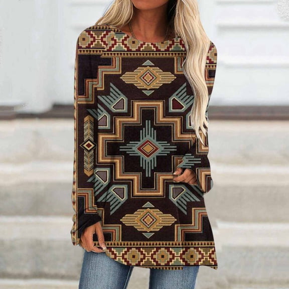Pimelu Womens Long Sleeve Shirts Western Graphics Print Fit Tops Fall Casual Fashion Round Neck Blouses Crewneck Sweatshirt Pullover Tops Ladies Girls Blouses