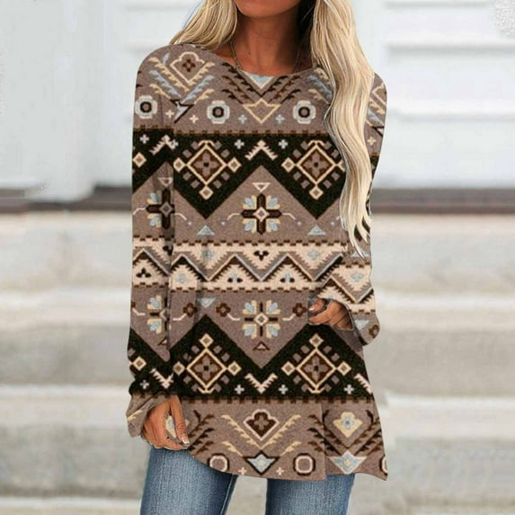 Pimelu Womens Long Sleeve Shirts Western Graphics Print Fit Tops Fall Casual Fashion Round Neck Blouses Crewneck Sweatshirt Pullover Tops Ladies Girls Blouses