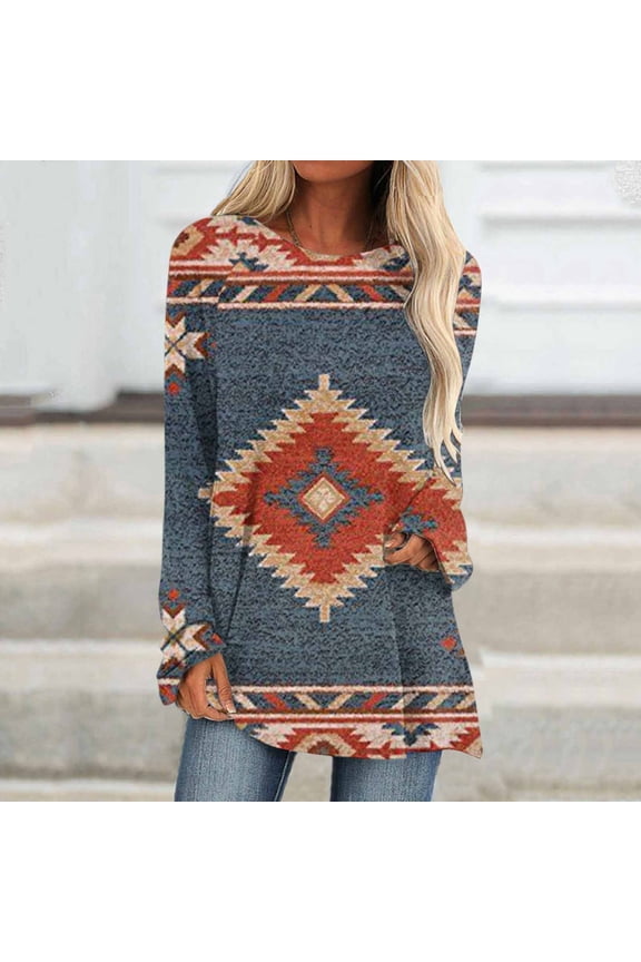 Womens Long Sleeve Shirts Western Graphics Print Fit Tops Fall Casual Fashion Round Neck Blouses Crewneck Sweatshirt Pullover Tops Ladies Girls Blouses