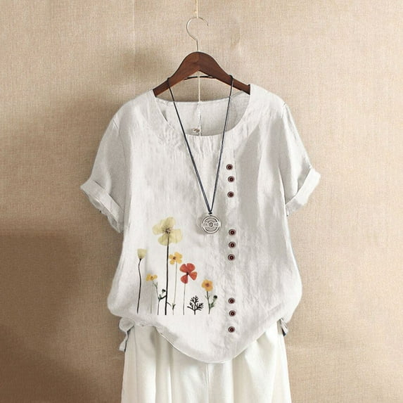 Pimelu Womens Shirts Summer Tops for Women Fashion Floral Print Plus Size Cotton Linen Shirts Ladies Crewneck Short Sleeve Button Down Blouses Womens Blouses