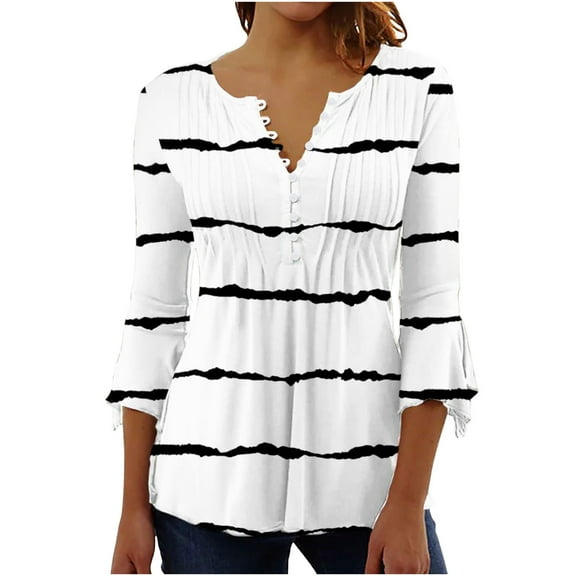 Pimelu Womens Summer Tops 2024 Tunic Tops for Women 3/4 Sleeve Tops for Women Vintage Floral Button up Henley Shirts Summer Ladies Lightweight V Neck Pleated Hem Blouses